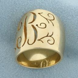 B Initial Monogram Cut Out Wide Cigar Band Ring In 14k Yellow Gold