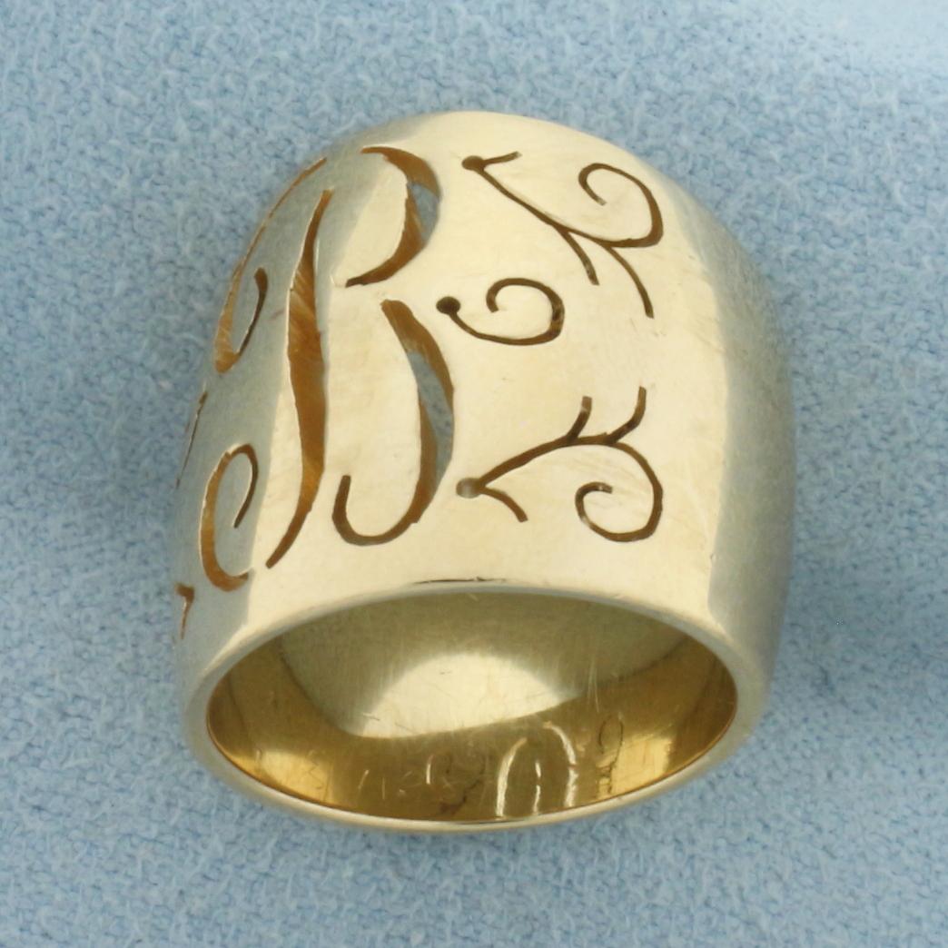 B Initial Monogram Cut Out Wide Cigar Band Ring In 14k Yellow Gold