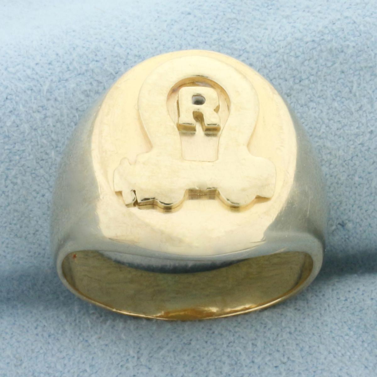 Mens R Initial Monogram Signet Ring In 14k Yellow Gold