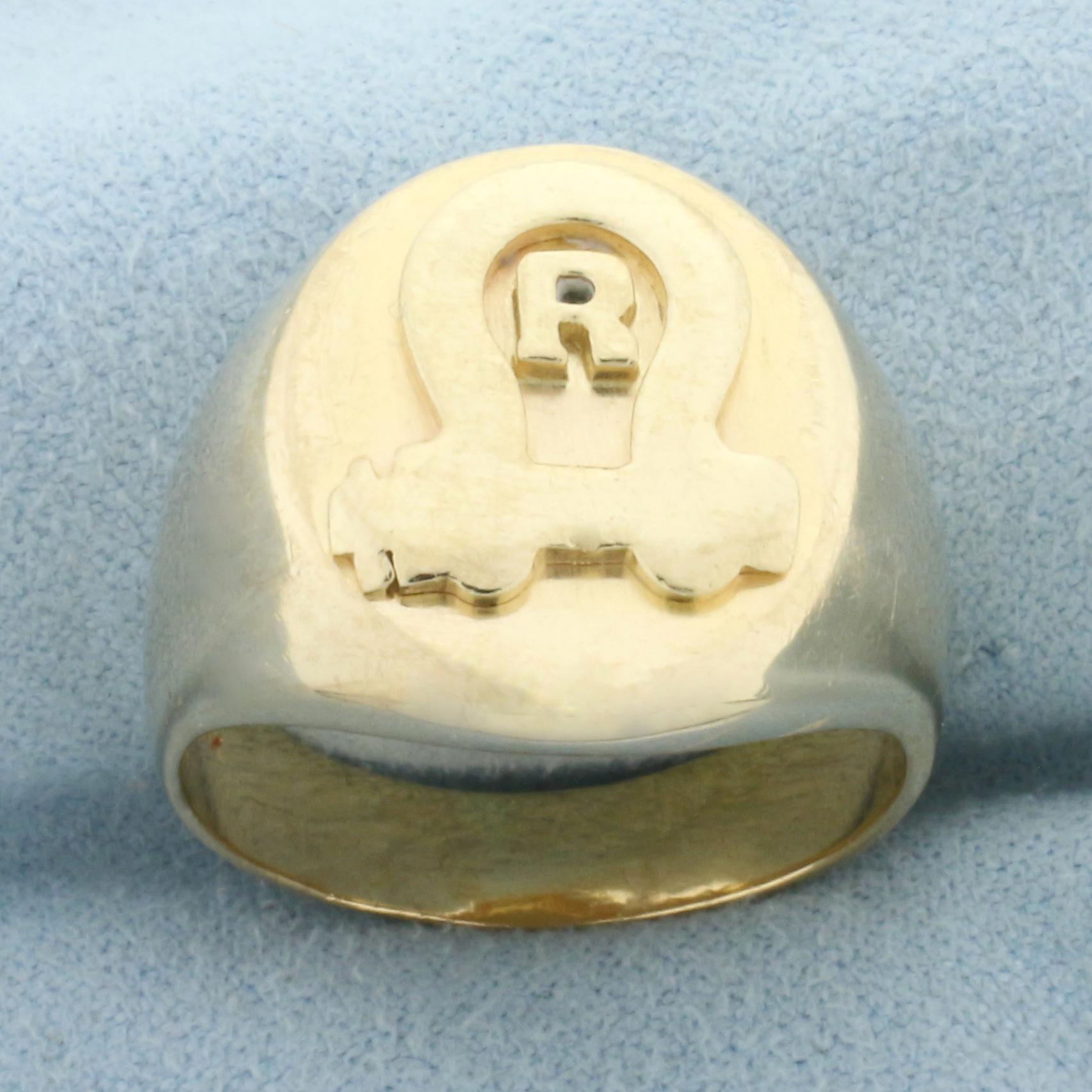 Mens R Initial Monogram Signet Ring In 14k Yellow Gold