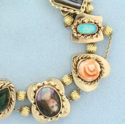 Vintage Gemstone Large Slide Charm Bracelet In 14k Yellow Gold