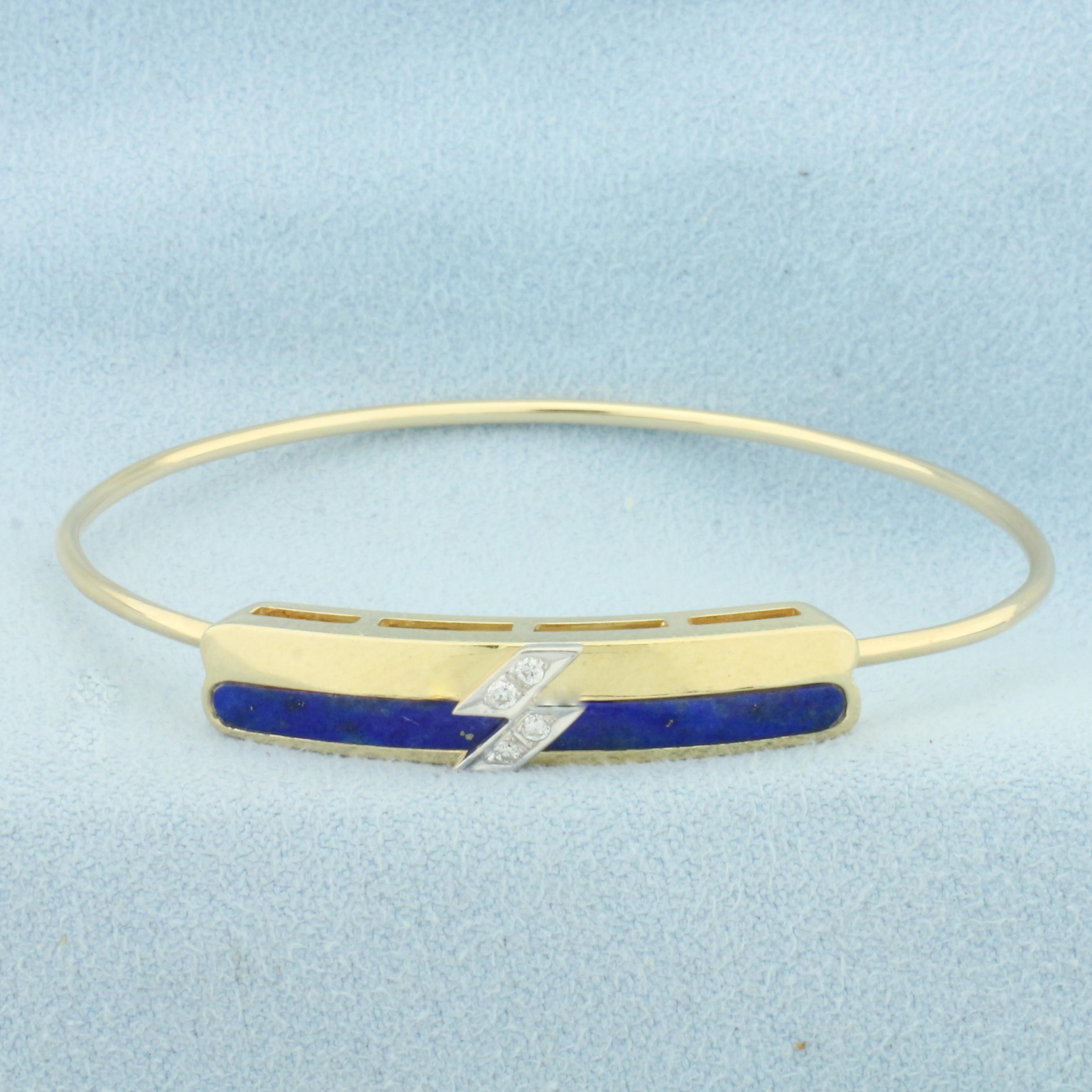 Lapis Lazuli And Diamond Hinged Bangle Bracelet In 14k Yellow Gold