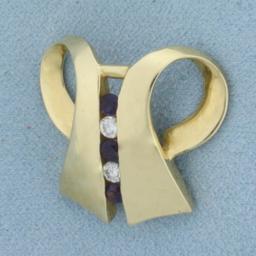 Designer Diamond And Amethyst Pendant Or Slide In 14k Yellow Gold