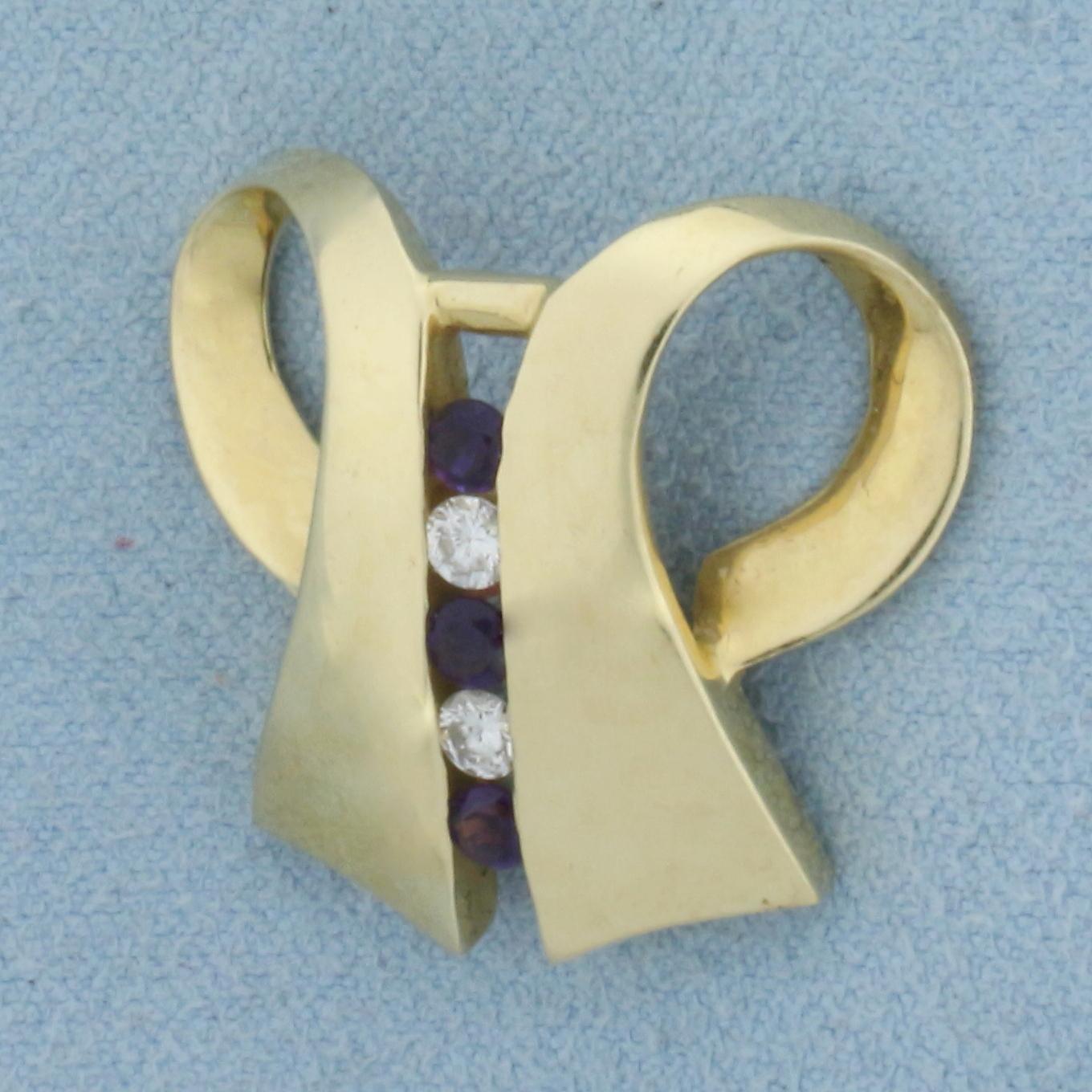 Designer Diamond And Amethyst Pendant Or Slide In 14k Yellow Gold