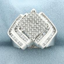 Round And Baguette Diamond Statement Ring In 14k White Gold
