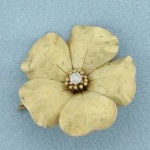 Antique Diamond Flower Pin Brooch In 14k Yellow Gold