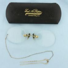 Antique Pince Nez Glasses Spectacles With Hair Pin And Case
