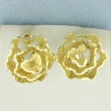 Diamond Cut Flower Design Earrings In 14k Yellow Gold