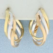 Tri-color Twisting Oval Hoop Earrings In 14k Yellow, White, And Rose Gold