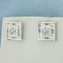 Diamond Square Button Earrings In 10k White Gold
