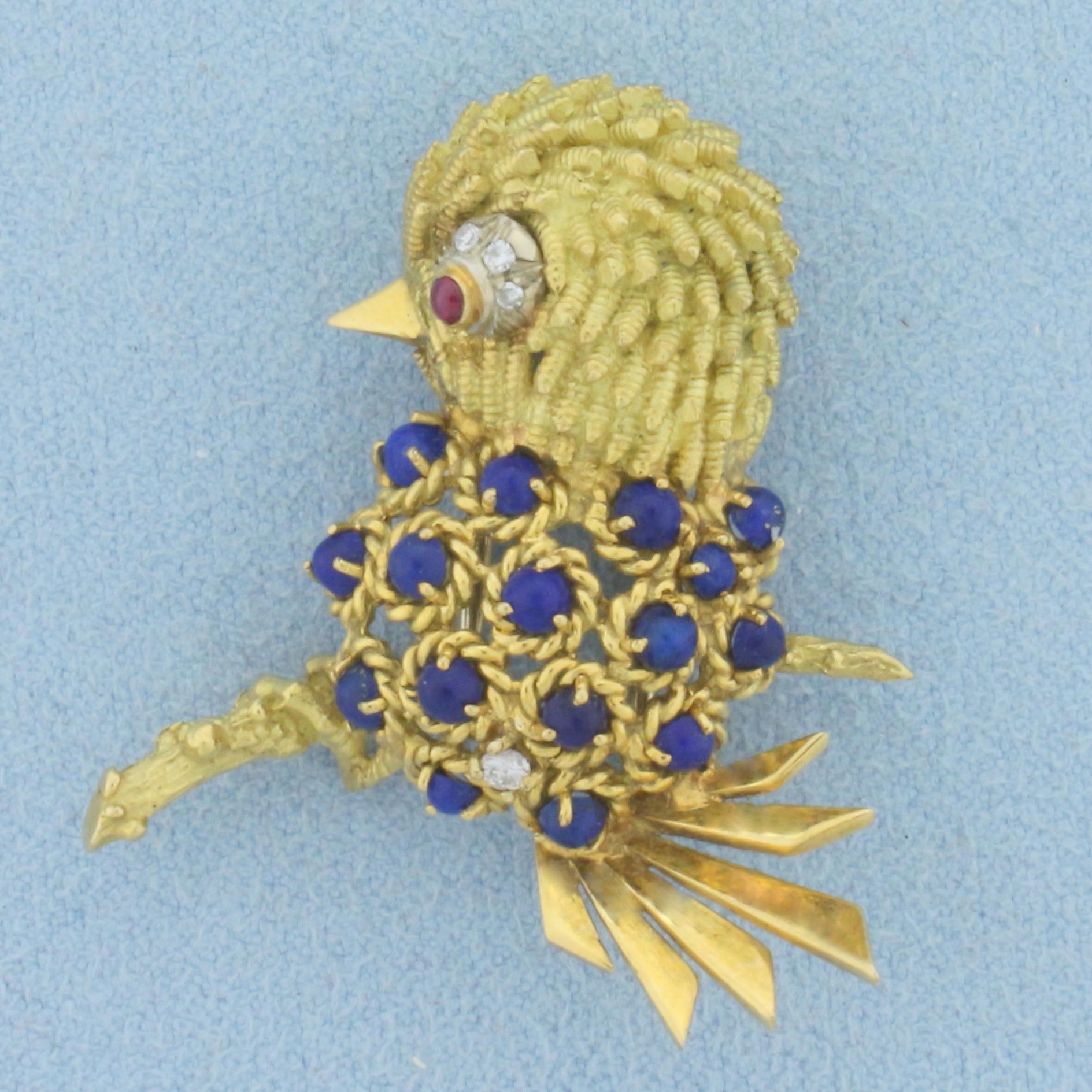Italian Made Lapis, Ruby, And Diamond Bird Pin In 18k Yellow Gold
