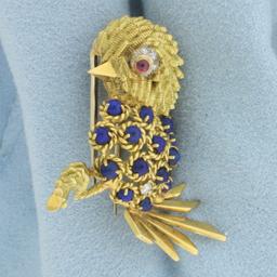 Italian Made Lapis, Ruby, And Diamond Bird Pin In 18k Yellow Gold