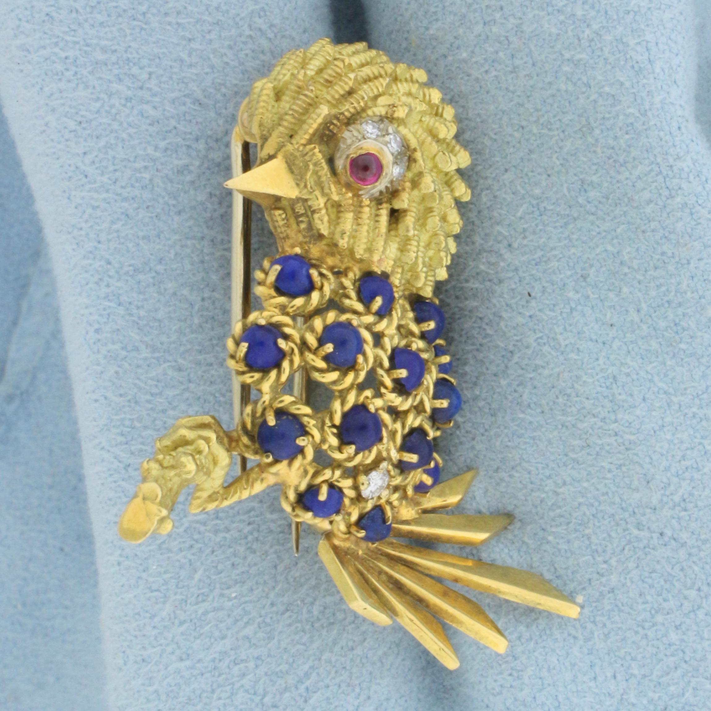 Italian Made Lapis, Ruby, And Diamond Bird Pin In 18k Yellow Gold