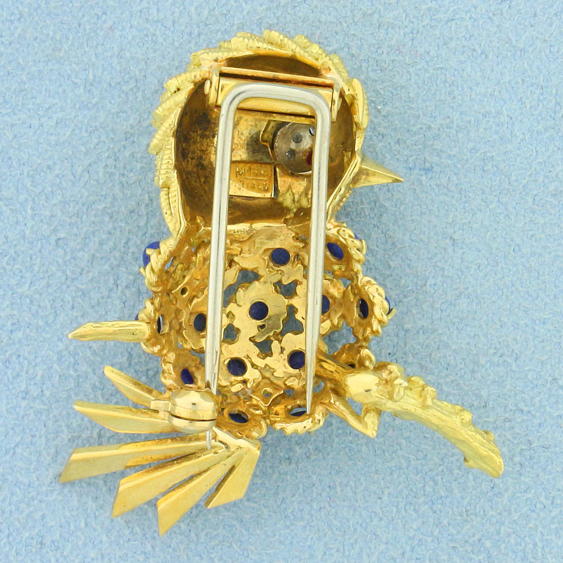 Italian Made Lapis, Ruby, And Diamond Bird Pin In 18k Yellow Gold
