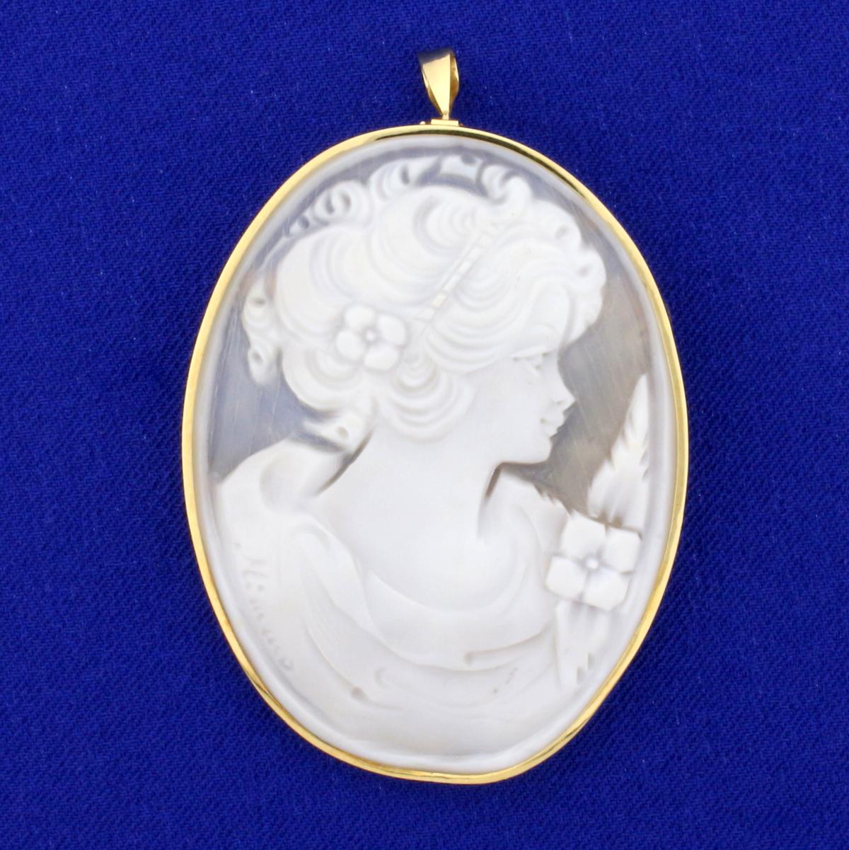 Vintage Hand Carved Shell Cameo Pin Or Pendant In 18k Yellow Gold