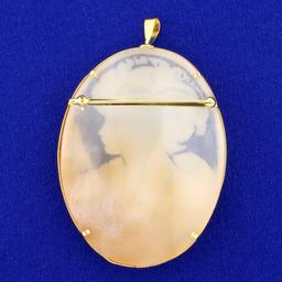 Vintage Hand Carved Shell Cameo Pin Or Pendant In 18k Yellow Gold
