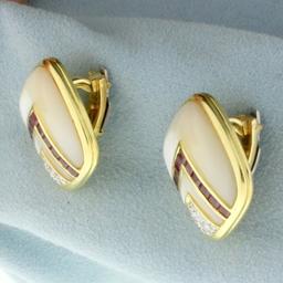 Ruby, Mother Of Pearl And Diamond Clip On Earrings For Non Pierced Ears In 14k Yellow Gold