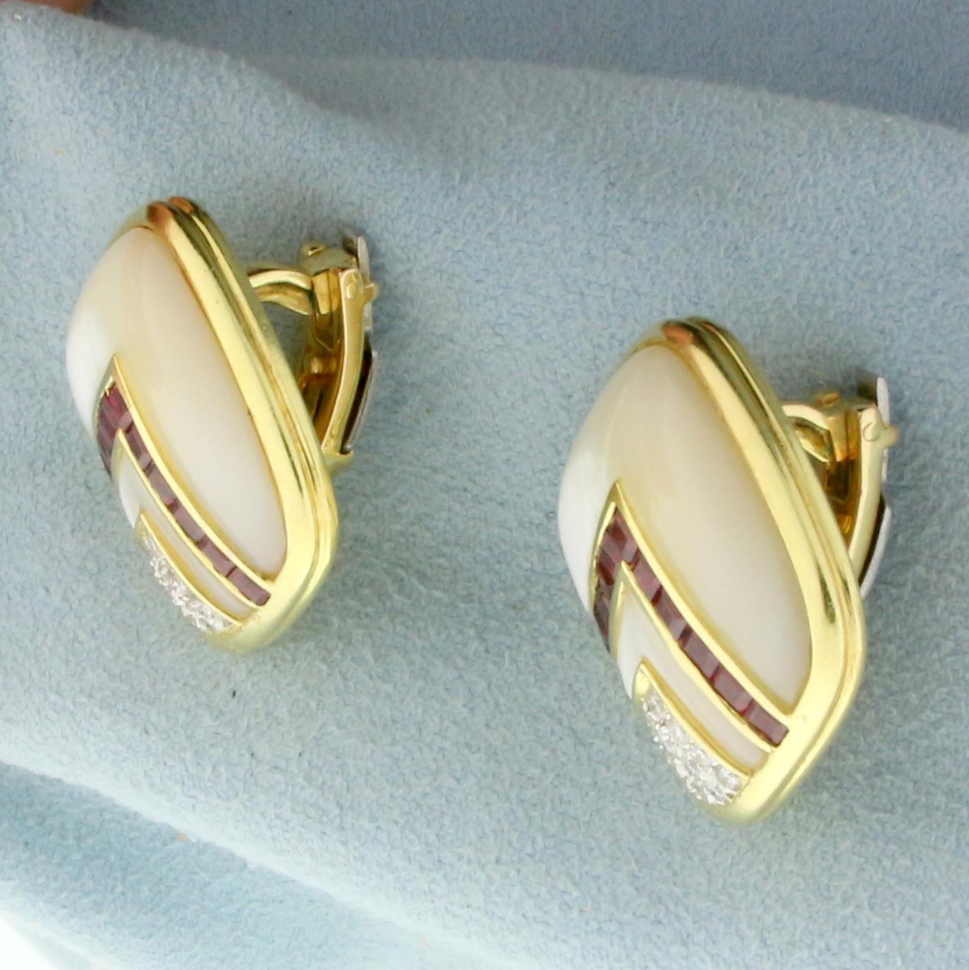 Ruby, Mother Of Pearl And Diamond Clip On Earrings For Non Pierced Ears In 14k Yellow Gold