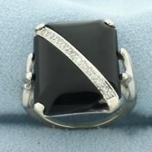 Vintage Onyx And Diamond Ring In 14k White Gold
