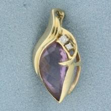 Amethyst And Diamond Pendant Or Slide In 14k Yellow Gold