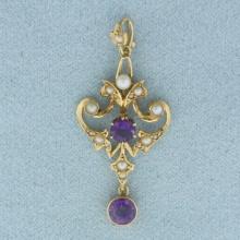 Vintage Amethyst And Pearl Pendant In 14k Yellow Gold