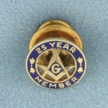 25 Year Member Masonic Tie Tack Pin In 10k Yellow Gold