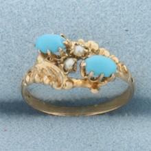 Vintage Persian Turquoise And Seed Pearl Ring In 10k Yellow Gold