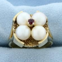 Vintage Akoya Pearl And Ruby Satement Ring In 14k Yellow Gold