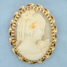 Large Vintage Hand Carved Shell Cameo Pin Or Pendant In 14k Yellow Gold