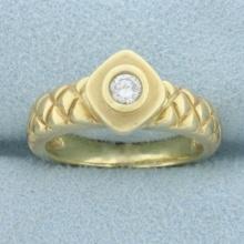 Unique Quilted Design Diamond Solitaire Ring In 14k Yellow Gold