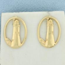 Lighthouse Nautical Button Earrings In 14k Yellow Gold