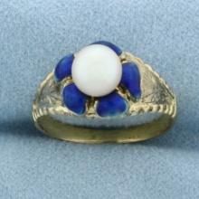 Antique Blue Enamel Cultured Akoya Pearl Ring In 18k Yellow Gold