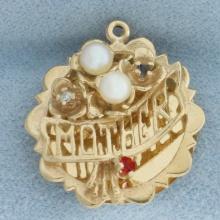 Mother Pearl, Ruby, Sapphire, And Diamond Charm In 14k Yellow Gold