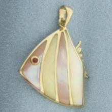 Angelfish Pendant With Mother Of Pearl Inlay And Ruby Eye In 14k Yellow Gold