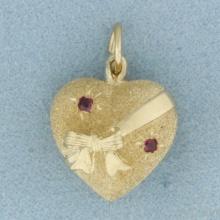 Ruby Puffy Heart In A Bow Charm Or Pendant In 14k Yellow Gold