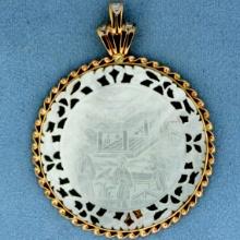 Diamond And Mother Of Pearl Chinese Gaming Counter Pendant In 14k Yellow Gold