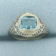 Antique Filigree Art Deco Aquamarine Ring In 14k White Gold