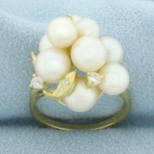 Cultured Akoya Pearl And Diamond Ring In 18k Yellow Gold