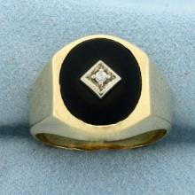 Vintage Onyx And Diamond Signet Ring In 14k Yellow Gold