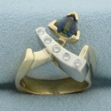 Topaz And Diamond Modern Design Ring In 14k Yellow And White Gold