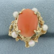 Pink Angel Coral And Pearl Ring In 14k Yellow Gold