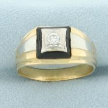 Mens Vintage Onyx And Diamond Ring In 14k Yellow And White Gold