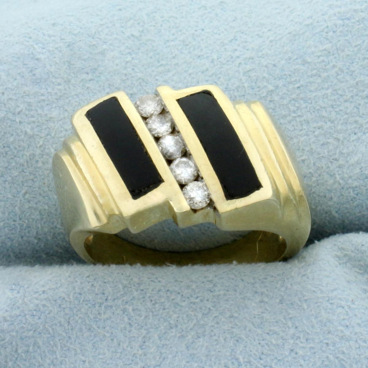 Vintage Onyx Inlay And Diamond Ring In 14k Yellow Gold