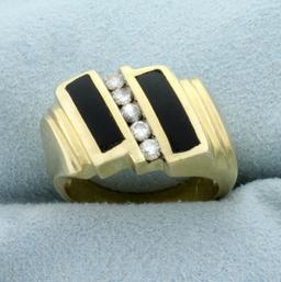 Vintage Onyx Inlay And Diamond Ring In 14k Yellow Gold