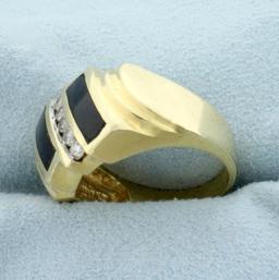 Vintage Onyx Inlay And Diamond Ring In 14k Yellow Gold