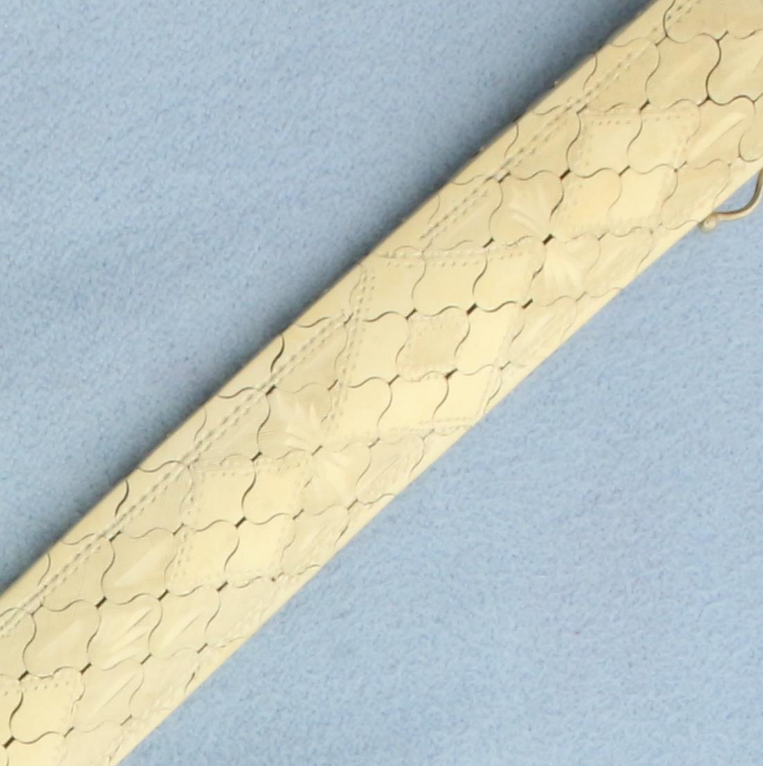 Italian Diamond Pattern Designer Link Wide Bracelet In 14k Yellow Gold