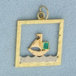 Emerald Sailing Boat Pendant In 14k Yellow Gold