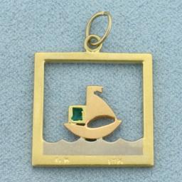 Emerald Sailing Boat Pendant In 14k Yellow Gold