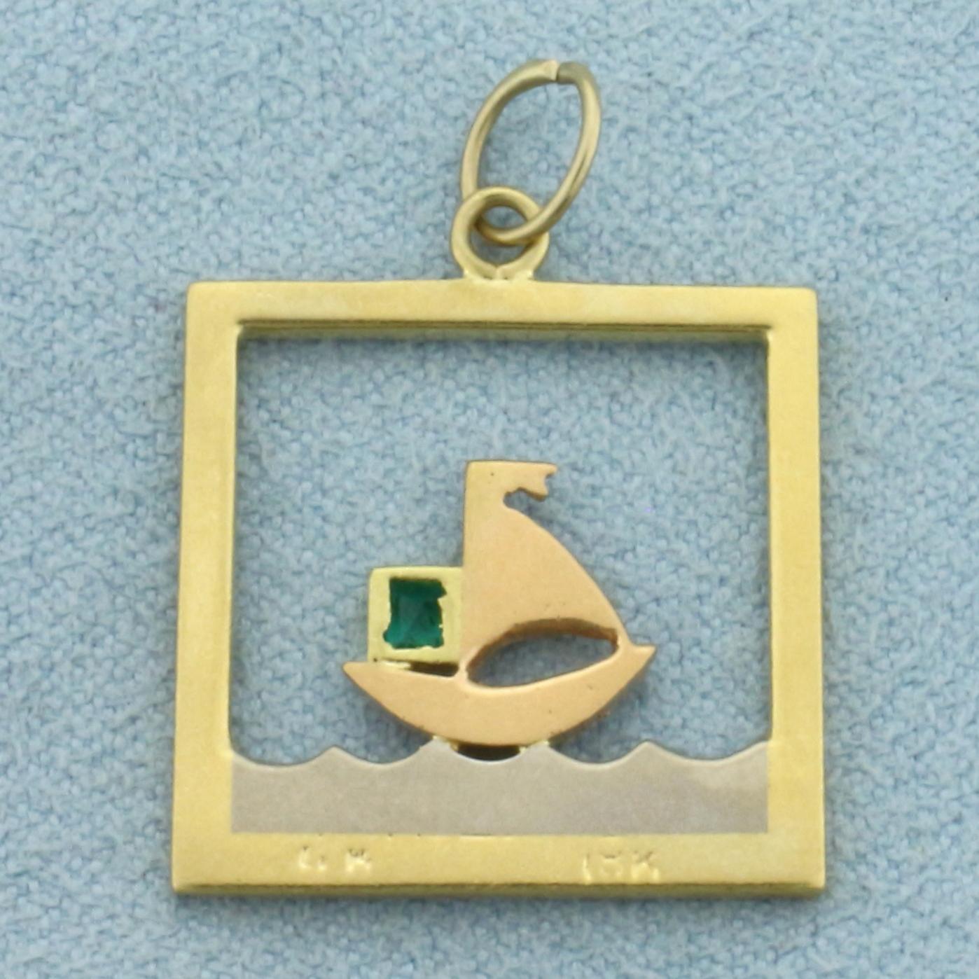 Emerald Sailing Boat Pendant In 14k Yellow Gold