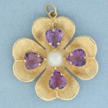 Heart Amethyst And Pearl Four Leaf Clover Pendant Or Charmin 14k Yellow Gold